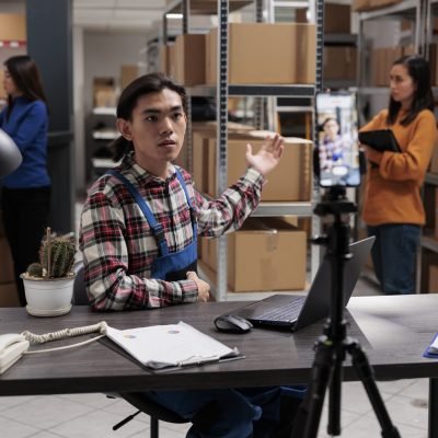 Post office warehouse worker recording smartphone video with stock promotion. Storehouse young asian man employee explaining parcel sending and receiving management process